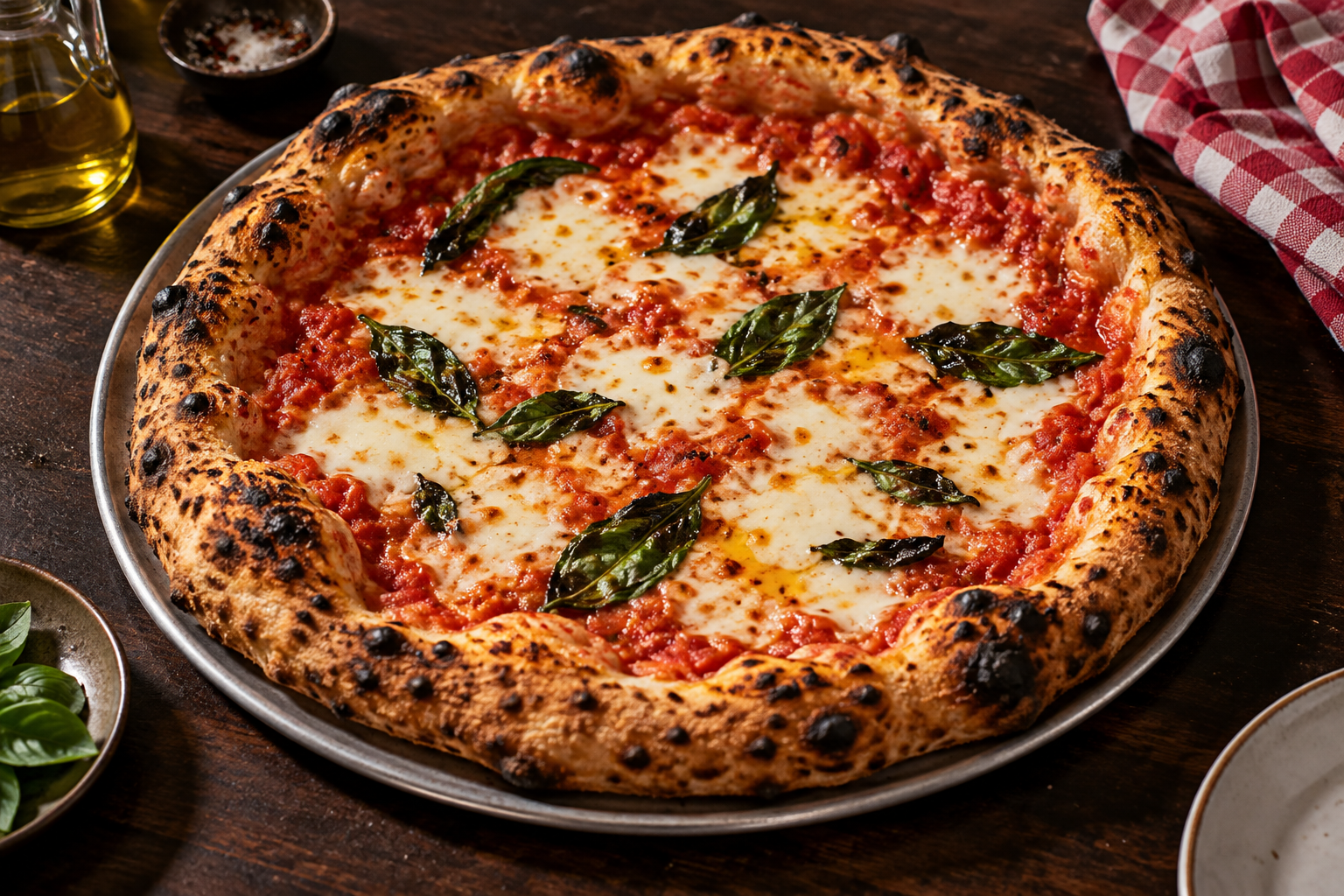 Wood-fired margherita pizza topped with melted mozzarella and fresh basil